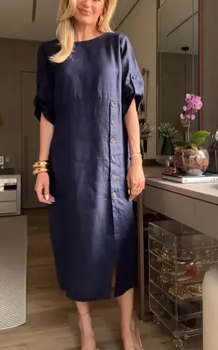 NEW🔥 Women's Solid Color Round Neck Split Mid-Length Casual Dress