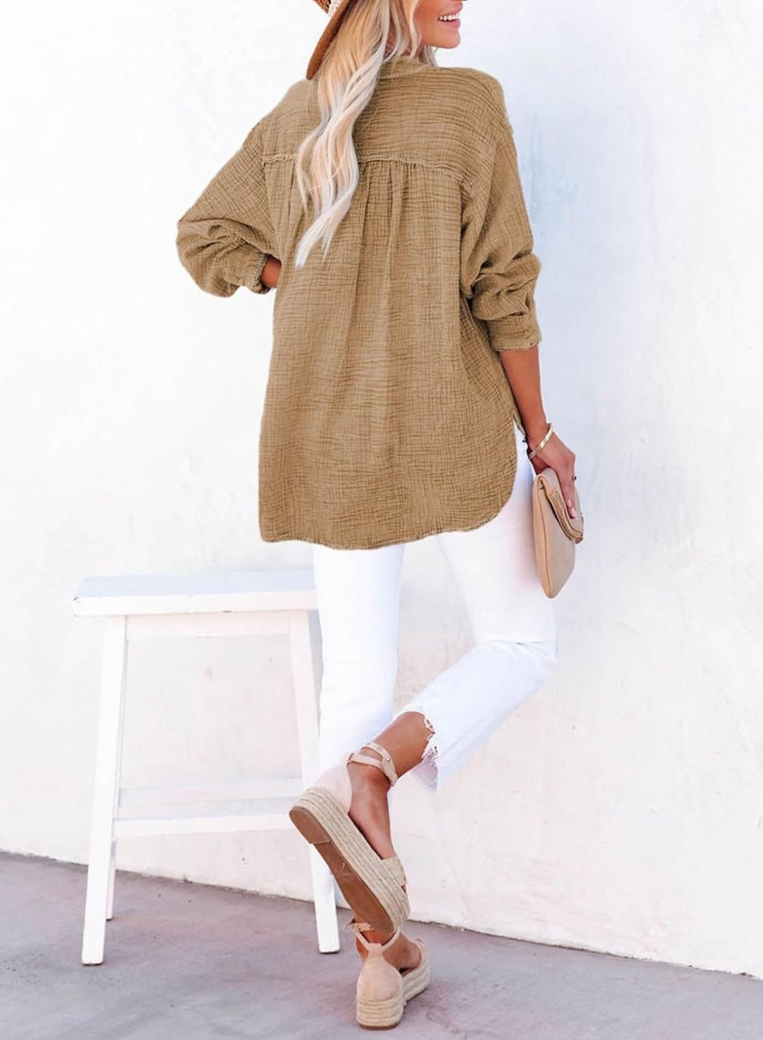 Women's Casual Gauze Button Down Neck Long Sleeve Oversized Top