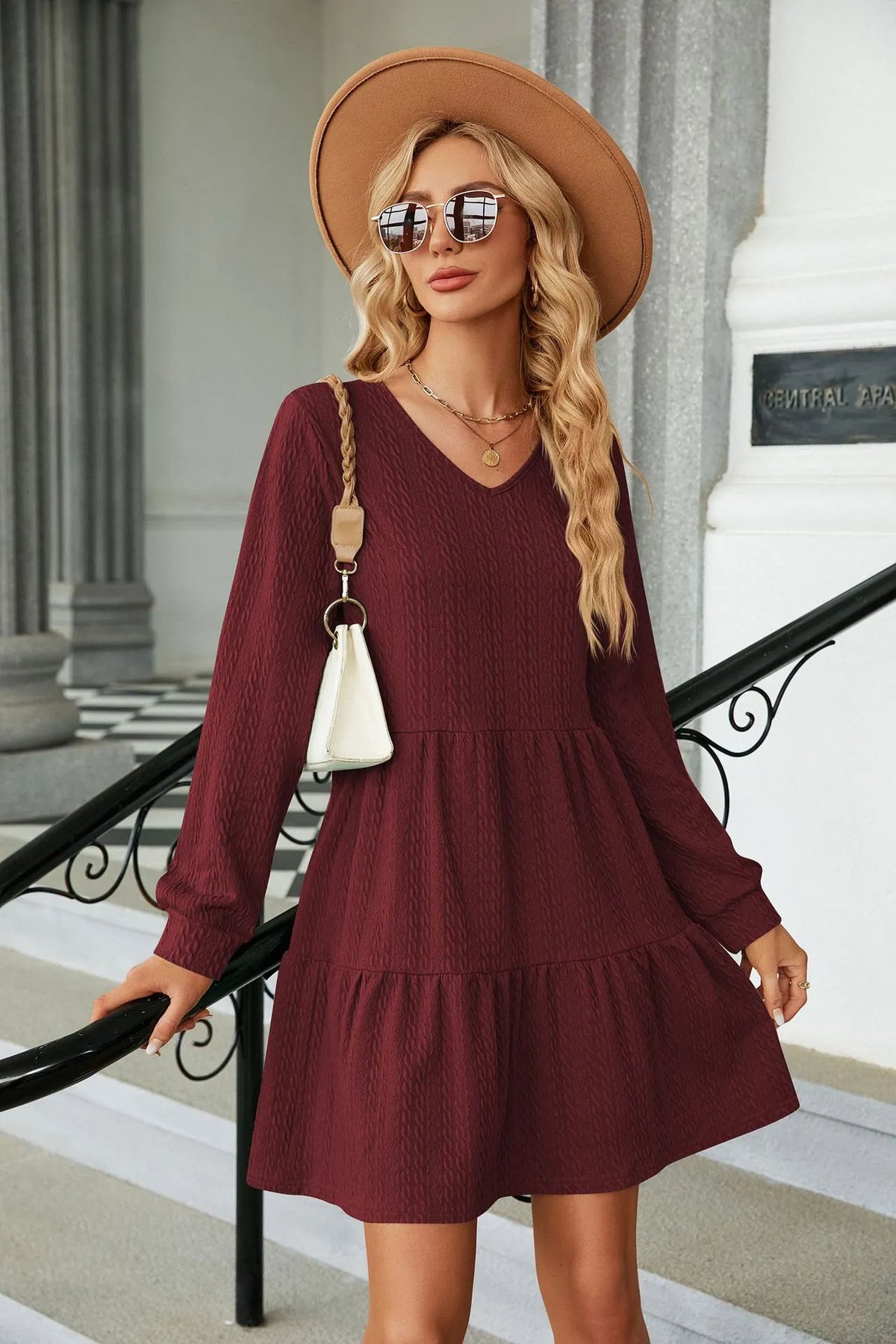Women's V-Neck Lantern Sleeve Ruffle Trim Flowy Dress
