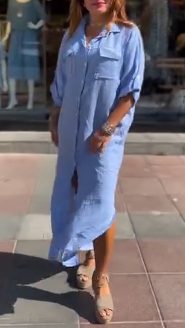 Solid Color Button Down Slit Loose Casual Shirt Dress