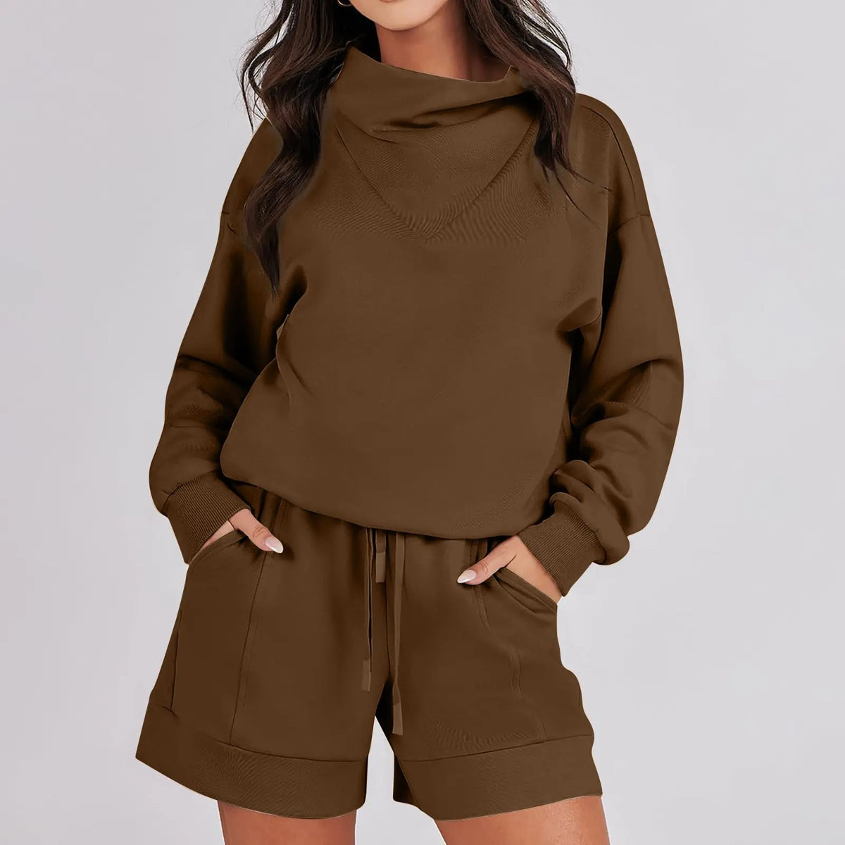 Cowl Neck Sweatshirts & Shorts LoungeWear 2-Piece Set