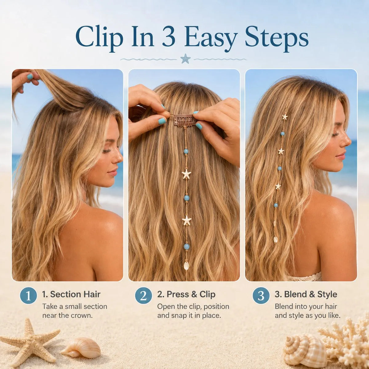 🔥HOT SALE🔥🌊⭐Beachy Mermaid Hair Accent Clip (Featuring blue bead accents, starfish, and shell charms)