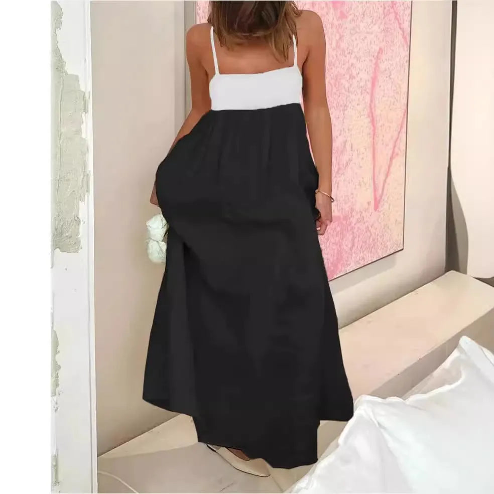 Contrast color suspender maxi dress