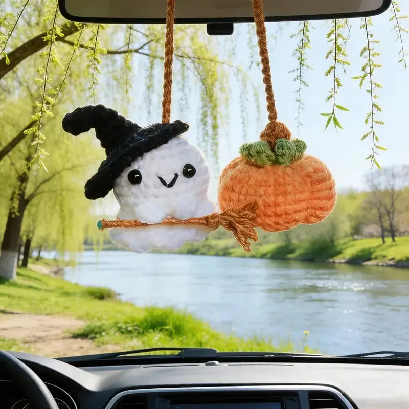 👻Crochet Ghost & Pumpkin Rear View Mirror Charm🎃Handmade Amigurumi Car Decor