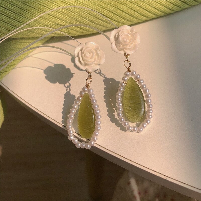 Elegant White Rose Flower Drop Earrings