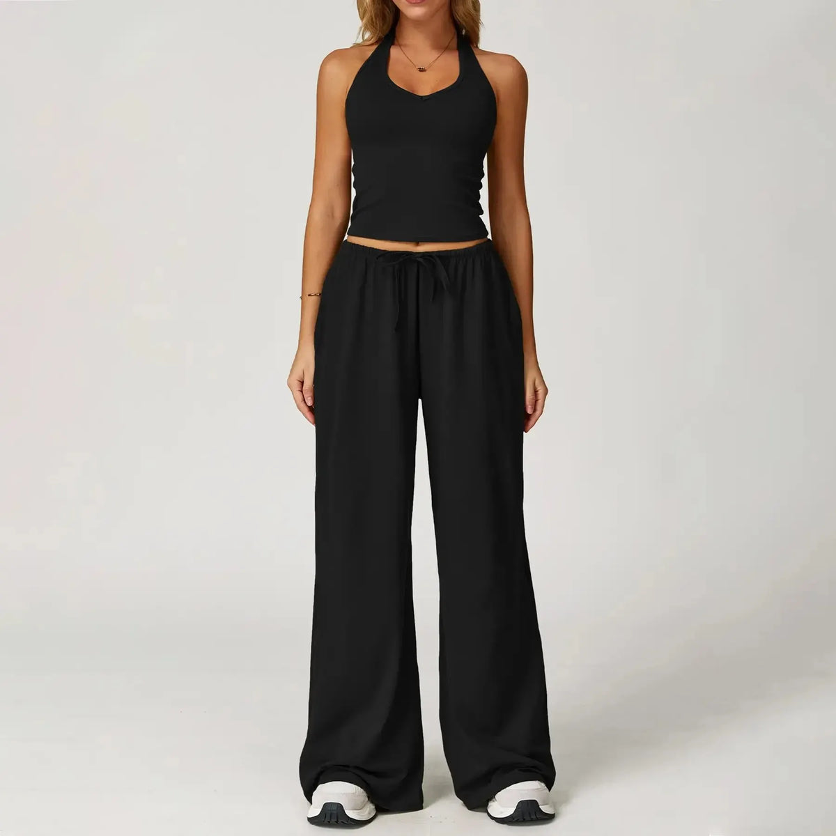 💖Hot 50% OFF✨ Women’s 2-Piece Silk-Like Lounge Set – V-Neck Strappy Top & Wide Leg Pants