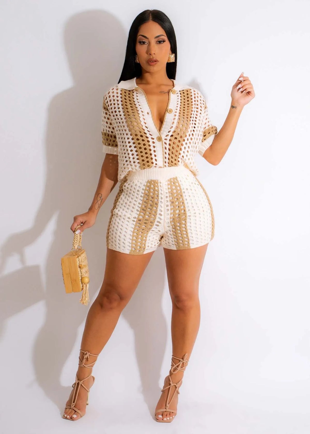 (BUY 2 SETS FREE SHIPPING)Women's 2-Piece Sheer Mesh Button-Up Top and High-Waisted Shorts Set