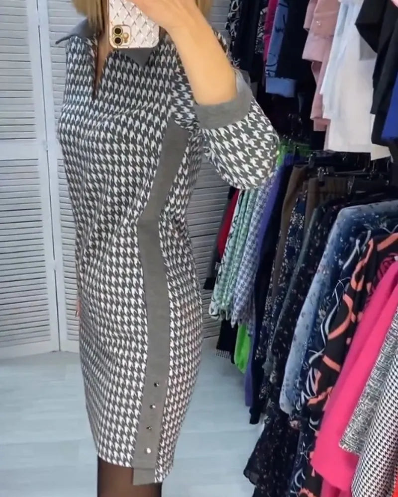 Lapel Pocket Checked Long Sleeve Dress