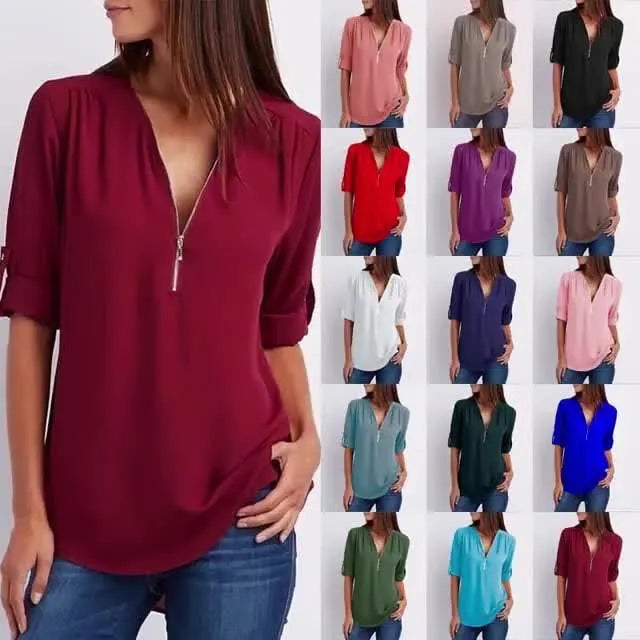 Plus Size Loose  3/4 Sleeve Zipper Blouse