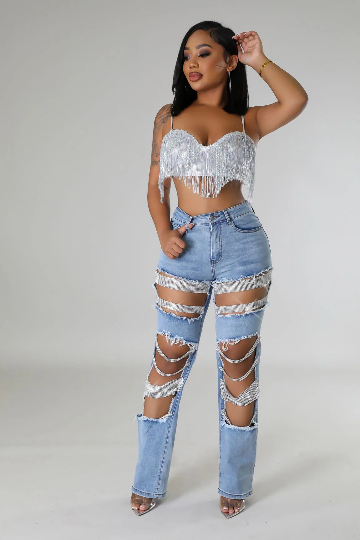 Free Shipping🔥 Stylish Multi-layered Pearl Chain Ripped Pocket Straight Jeans