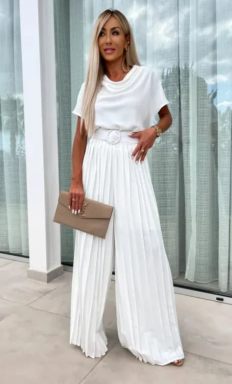 Casual Waistband Solid Color Pleated Wide Leg Jumpsuit