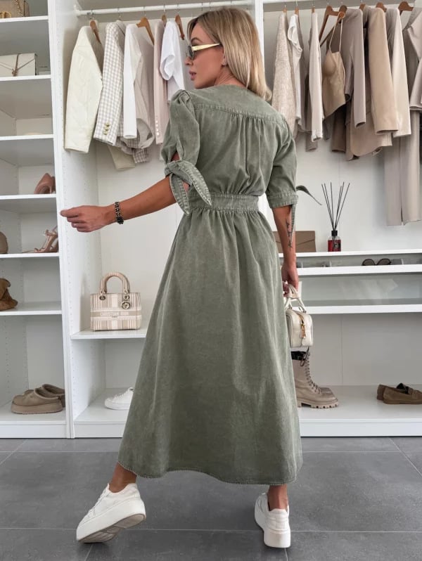V-Neck Short Sleeve Loose Denim Long Button-Up Dress