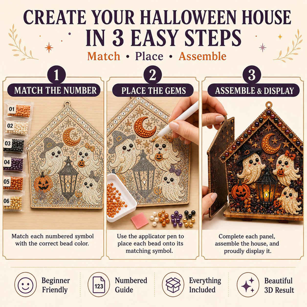 🎃 Beginner-Friendly Moonlit Wooden Cottage 3D Pearl Art Kit Collection | Complete Kit with All Tools & Step-by-Step Guide Included 💕