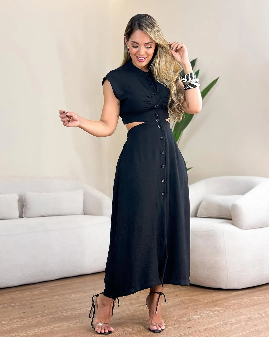 Women's Waist-baring Sleeveless Button Casual Dress