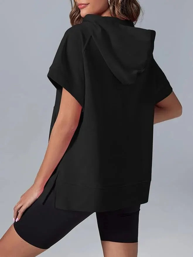 Oversized Casual Half Zip Short Sleeve Pullover Tops with Pockets (Buy 2 Free Shipping)