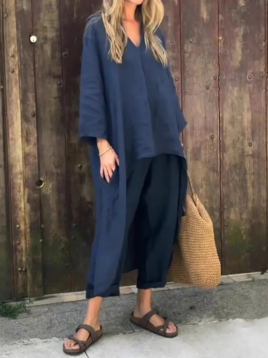 Solid High Low Hem Top & Pants Two-Piece Set