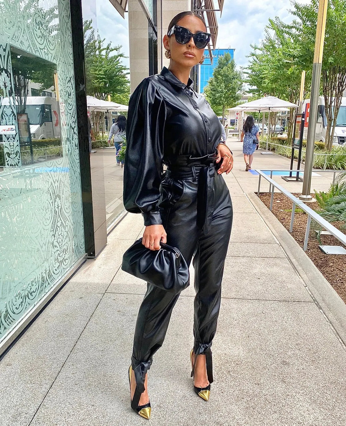 Pu Leather Button Up Bodysuit 2 Piece Set