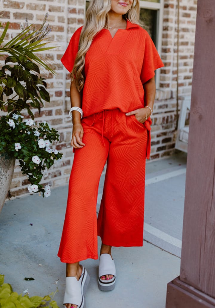 NEW TEXTURED V NECK TOP AND PANTS CASUAL SET (BUY 2 FREE SHIPPING)