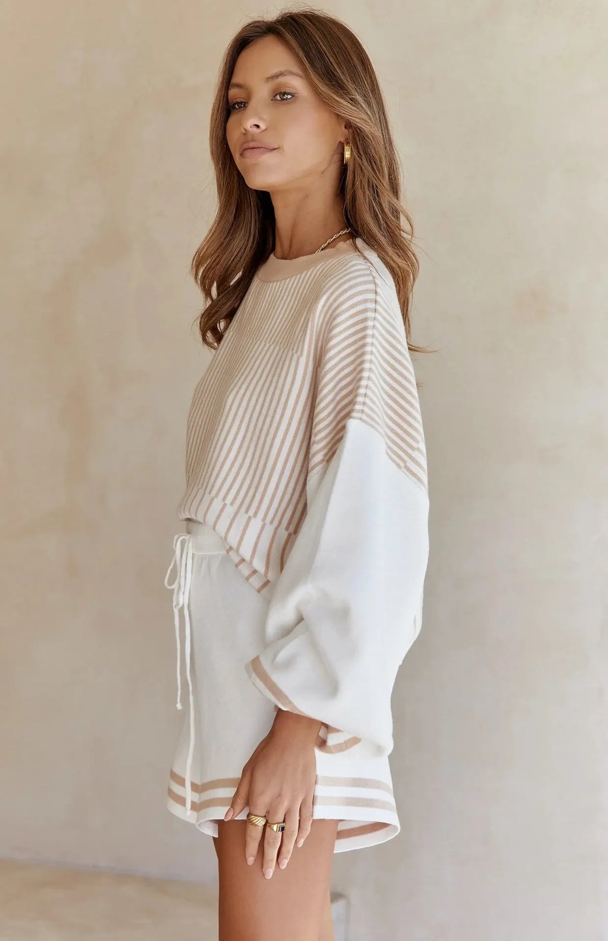 Casual Striped Sweater Knitted Shorts Set