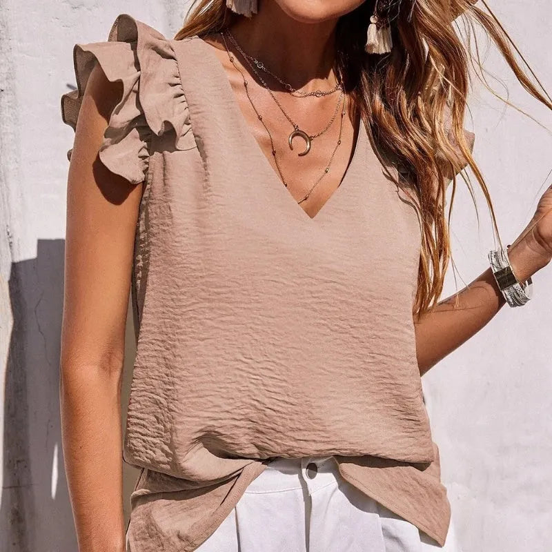 V-neck ruffled sleeveless stretch shirt