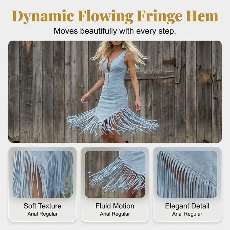🔥HOT SALE🔥🤠 LIMITED-TIME 50% OFF! ✨ Retro Western Tassel Sleeveless Slim Dress – Fringe Hem, Front Zipper, Cowgirl Style 🌵