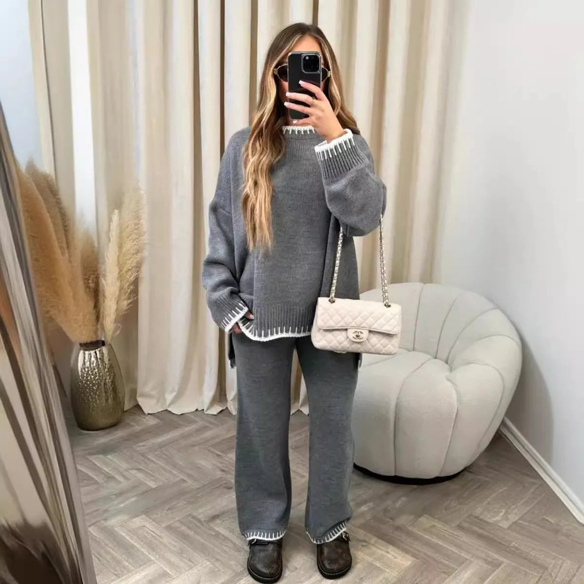Round Neck Dropped Shoulder Top and Pants Sweater Set