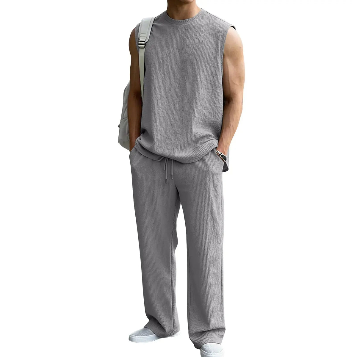 🔥 49% OFF Father’s Day Special ⏰🎁 Men’s Rib Knit 2-Piece Set – Sleeveless Tank & Baggy Wide-Leg Pants