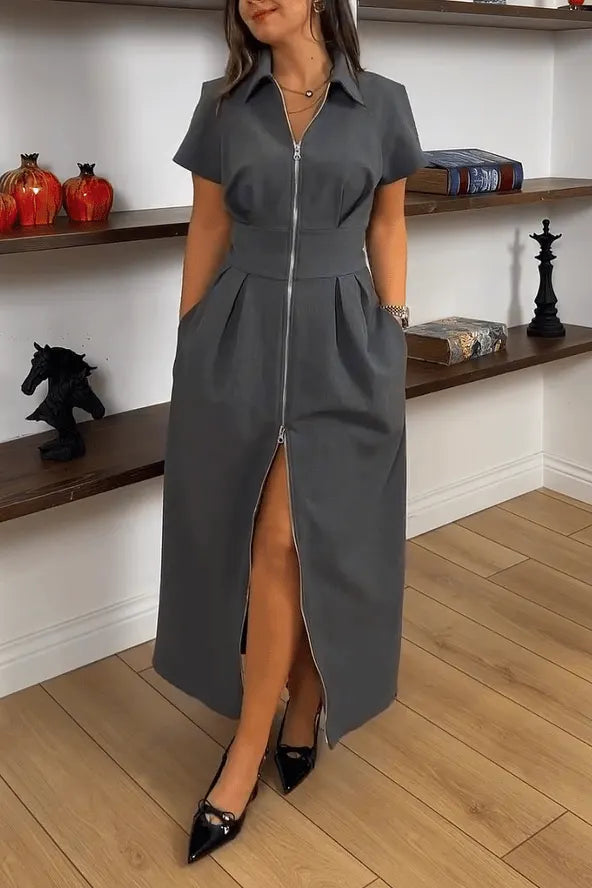 Women's Casual Double-head Zipper Short-sleeved Lapel Dress