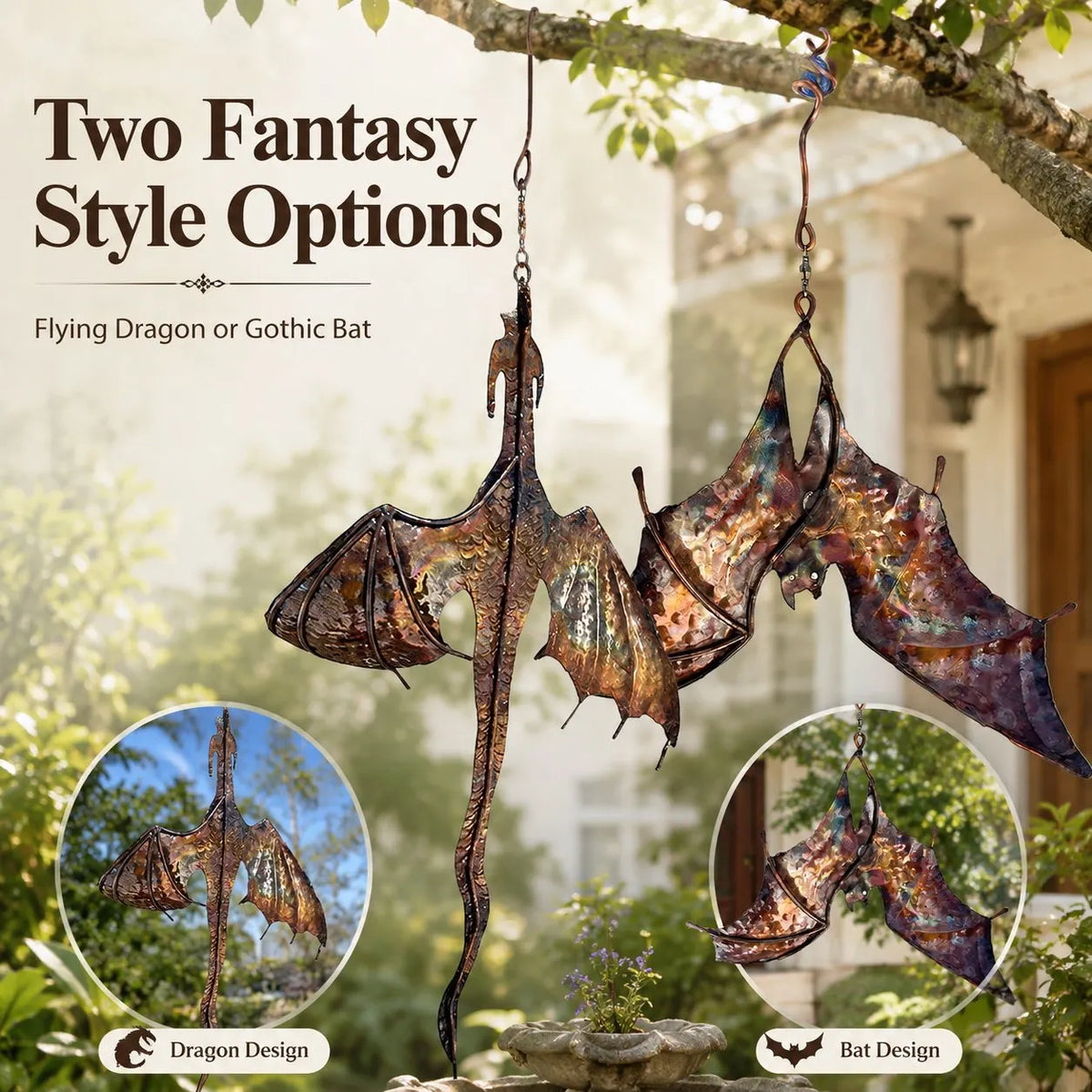 Metal Wind Spinner Hanging Ornament – Dragon & Bat Garden Wind Catcher 🦇🐉