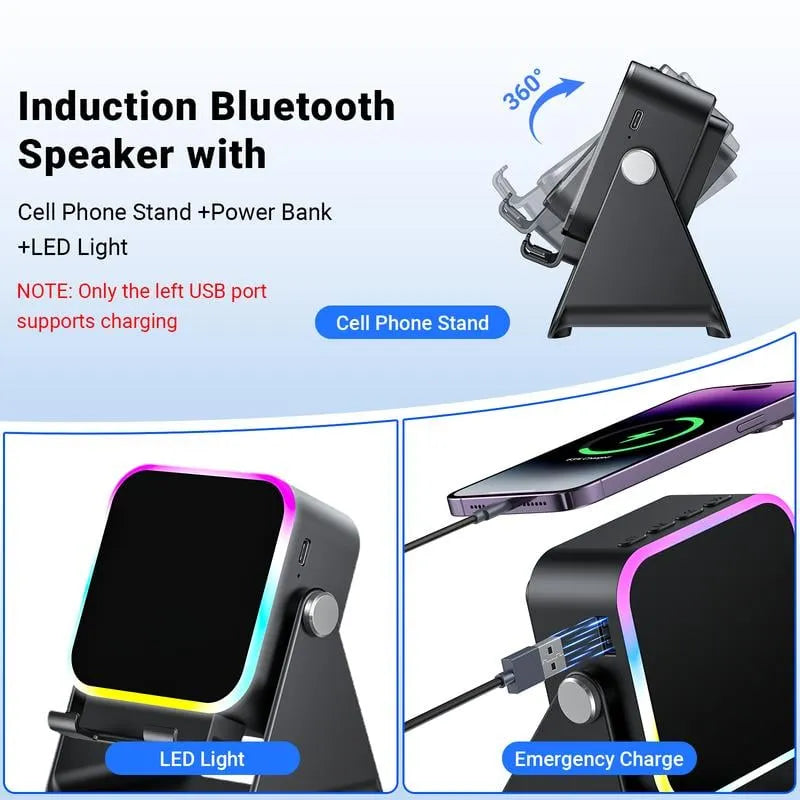 🎶📱  5-in-1 Wireless Induction Bluetooth Speaker with Adjustable Phone Stand
