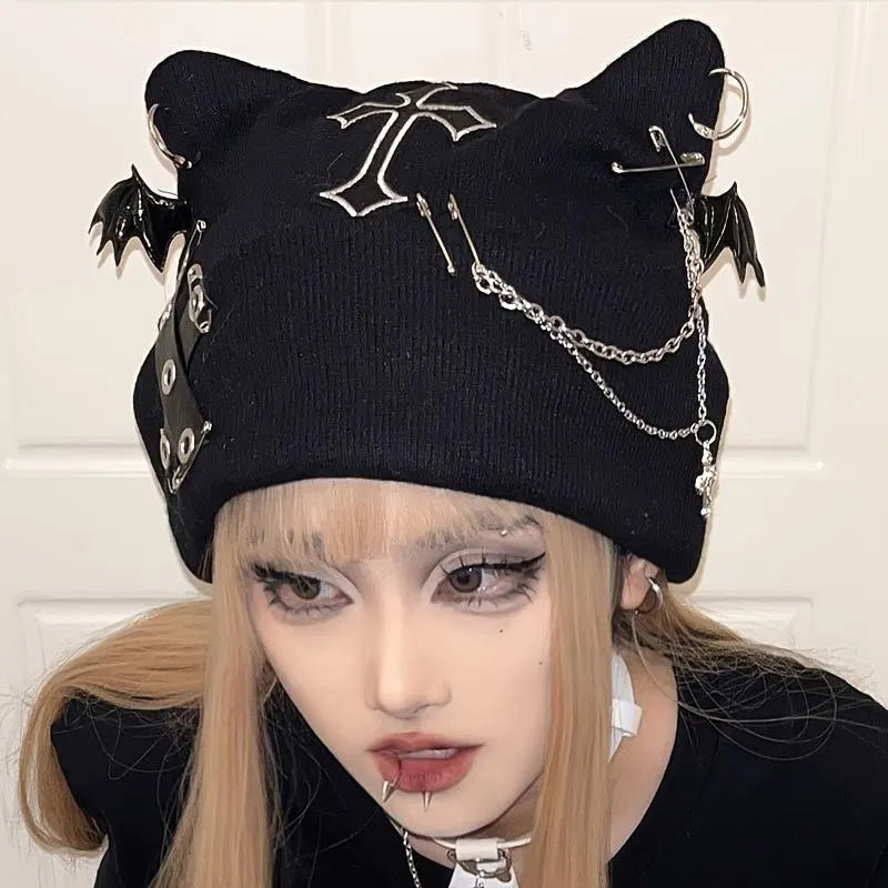 🔥Last Day 49% OFF - 🖤🦇Gothic Cat Ear Beanie with Punk Chain & Bat Charm