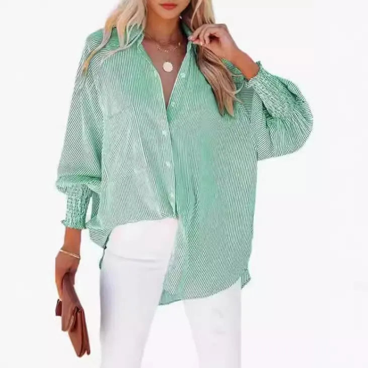 Stripe Button-Down Long Sleeve Shirt Contrast Business Casual Top Loose Blouse