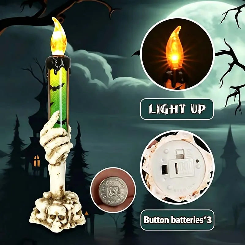 🕯️3 Pack Halloween LED Skeleton Hand Candle Holders, Flickering Flameless Skull Candles with Amber Light for Indoor Outdoor Halloween Decorations