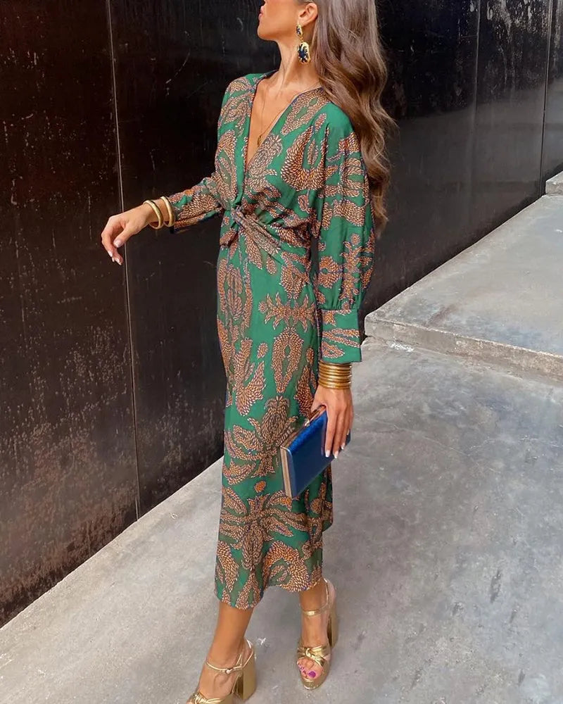 Vintage Long Sleeve Dress with V-Neck