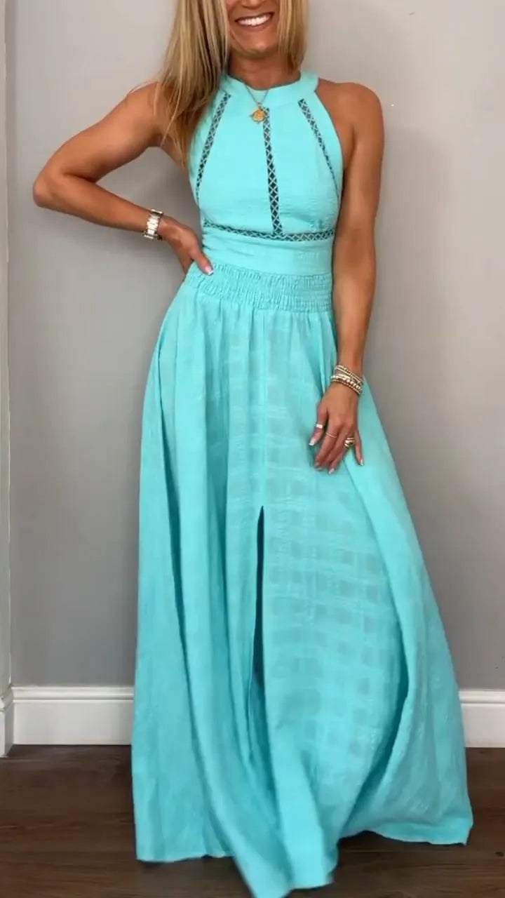 Women's Round Neck Sleeveless Hollow Back Tie Holiday Dress