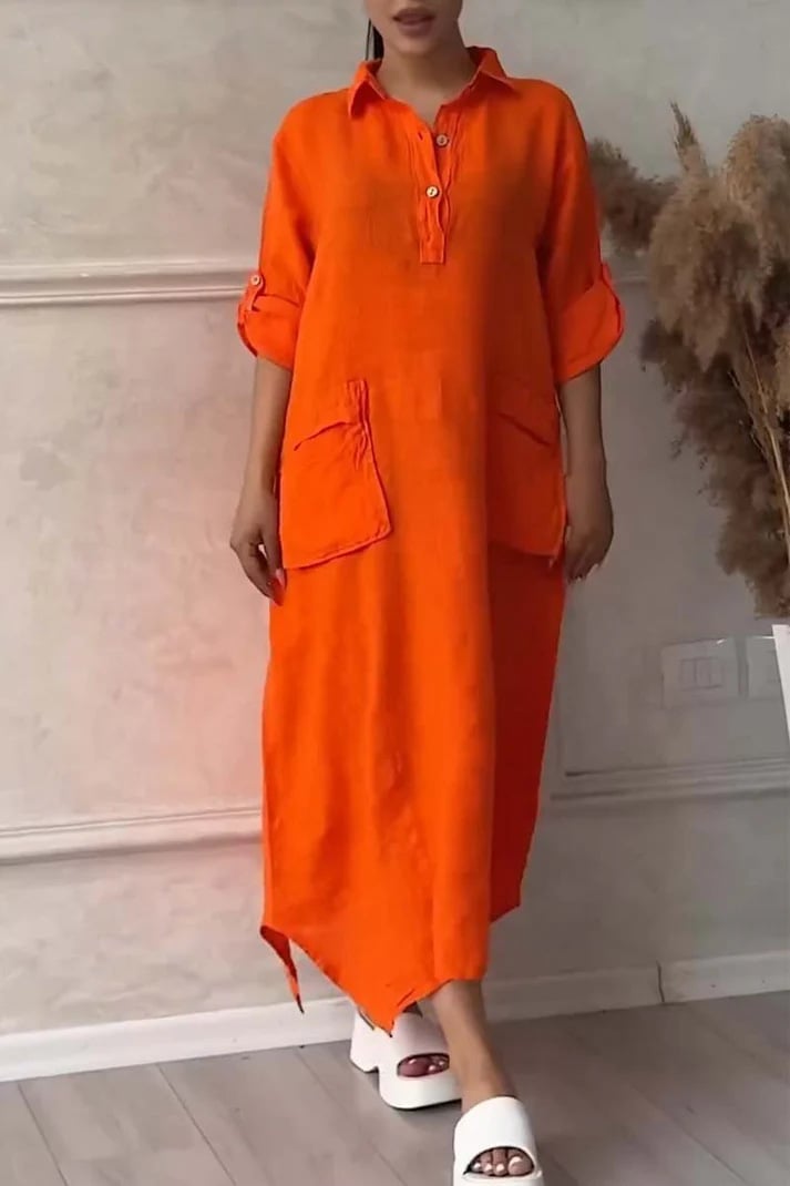 Women's Cotton Linen Casual Lapel Pockets Long Dress (Buy 2 Free Shipping)