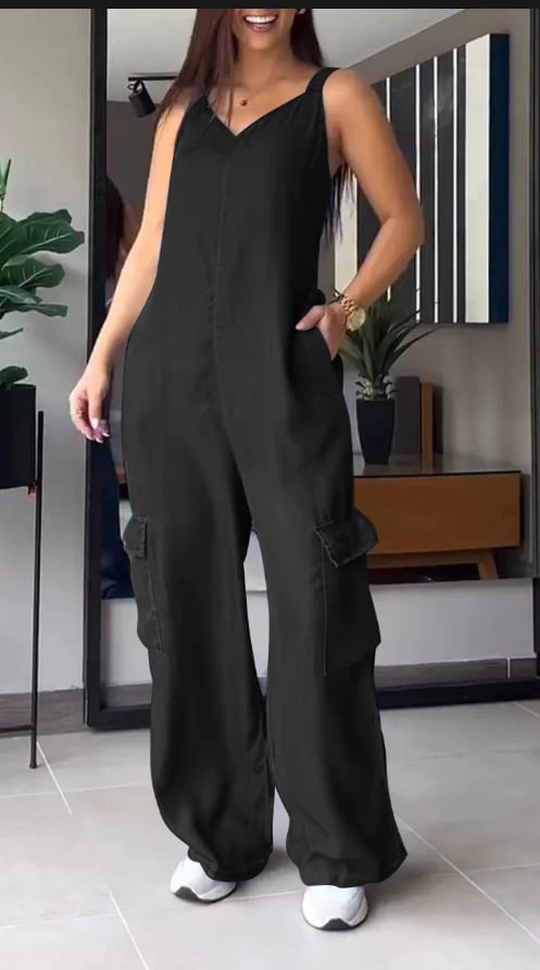 Thin Denim Cargo Pocket V-neck Jumpsuit (Buy 2 Free Shipping)