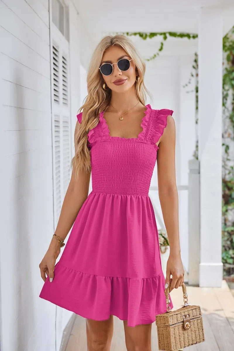 Summer Casual Sleeveless Square Neck Smocked Ruffle Backless Beach Dress