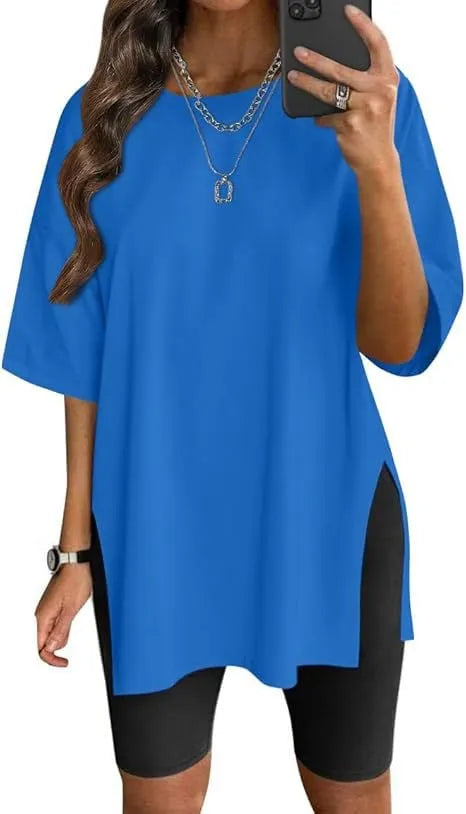 Round neck seven-point sleeve slit casual loose T-shirt💋