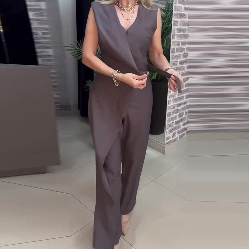 Fashionable V-Neck Cross-Wrap Solid Color Wide-Leg Jumpsuit