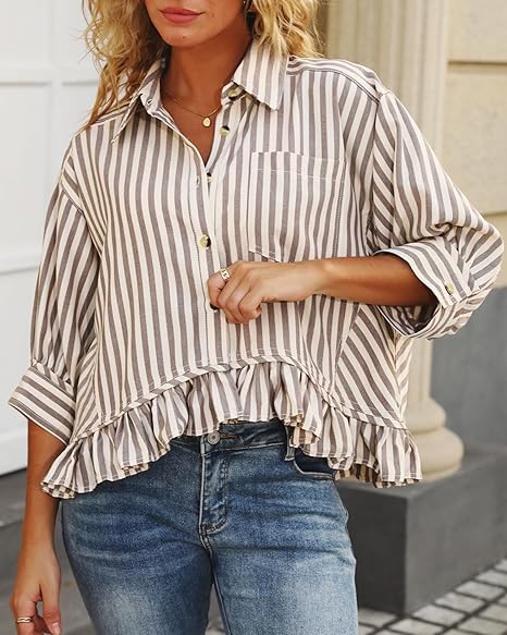 Summer Top🌞 Ruffled Hem 3/4 Sleeve Button-Down Striped Shirt