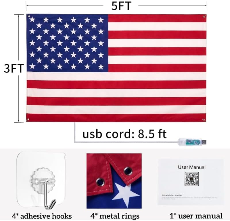 3x5 FT American Flag Lights with App & Remote Control