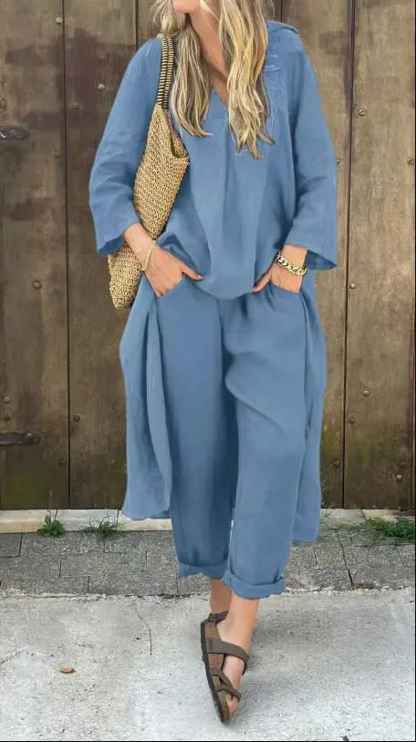 Women’s Summer Loose 2-Piece Set with V-Neck and Pockets