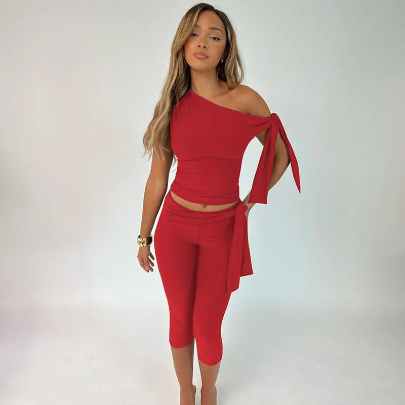 Women's Solid Asymmetrical Neck Knot Design Top & High Waist Capri Pants Two-piece Set