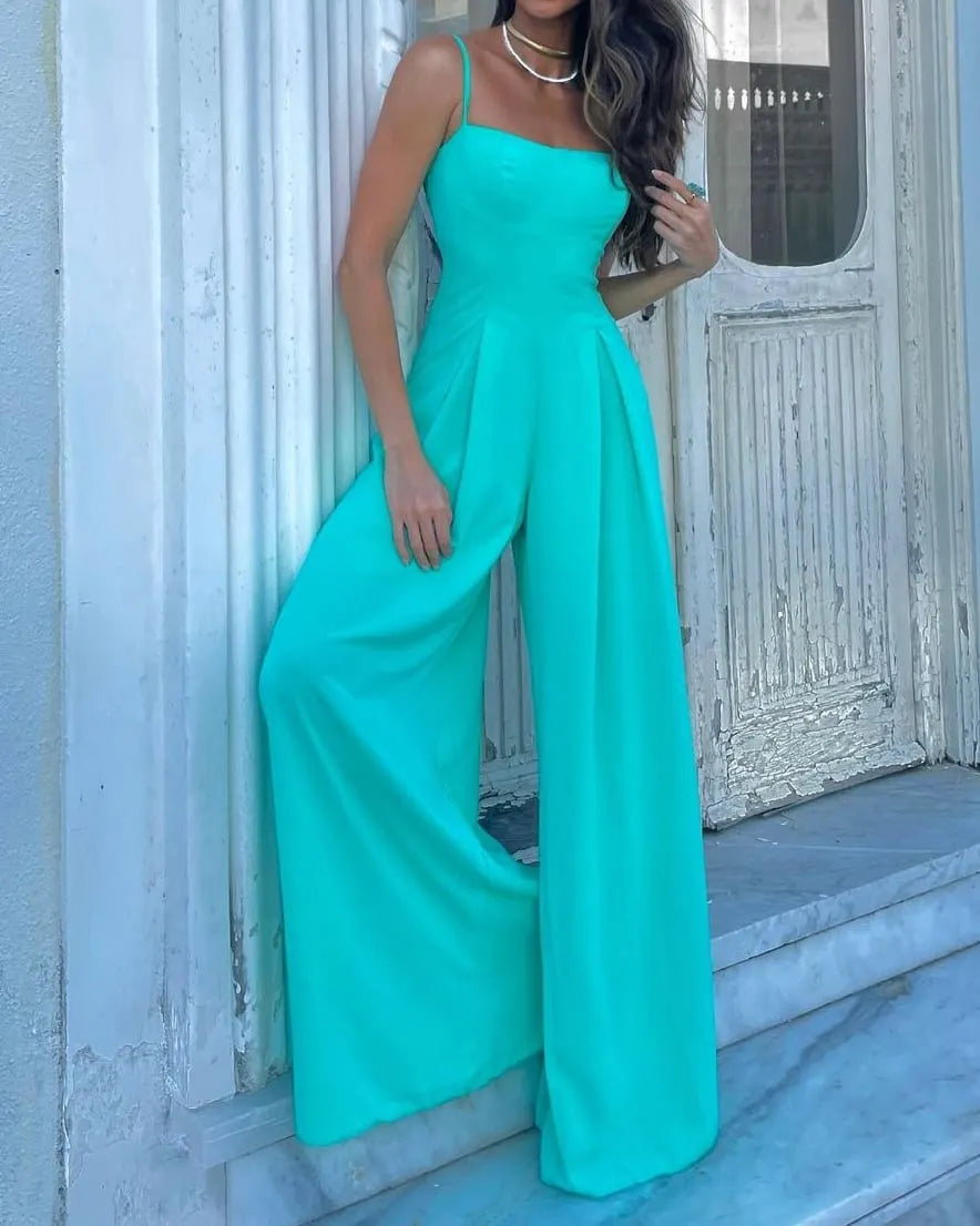 Sleeveless suspenders solid color jumpsuit