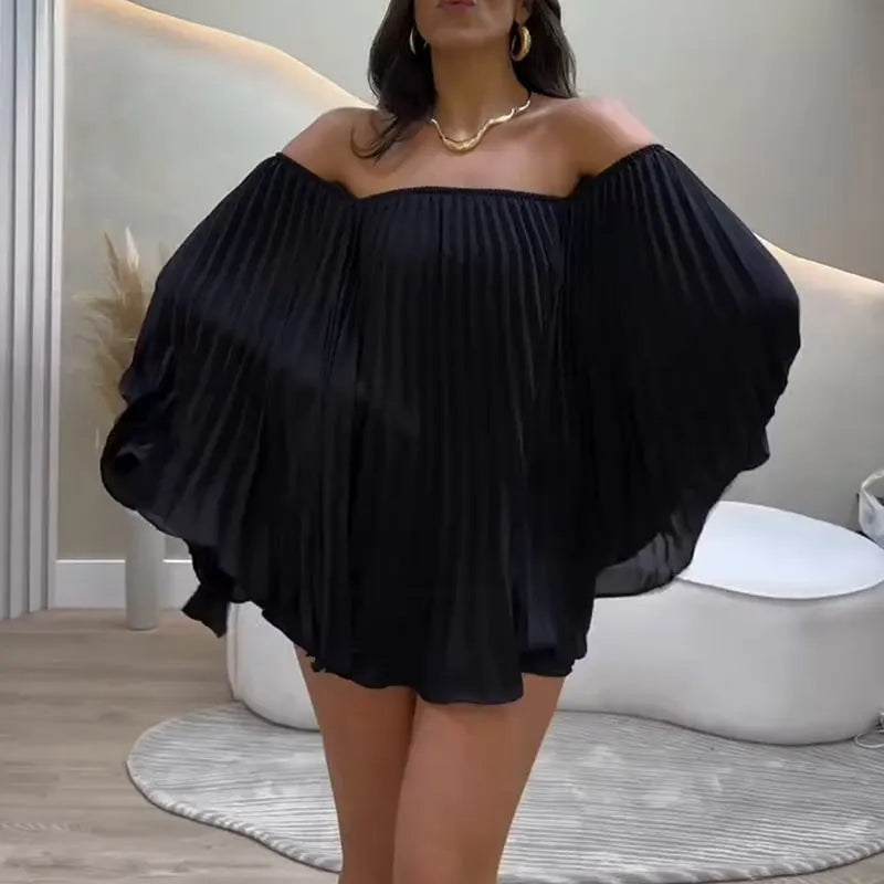 Casual Off-Shoulder Pleated Top and Shorts Set