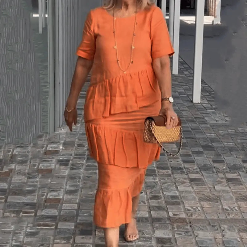 🌸Spring Specials💐 Women's Pleated Tiered Round Neck Solid Dress