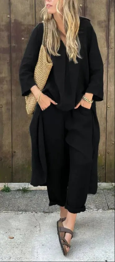 Women’s Summer Loose 2-Piece Set with V-Neck and Pockets