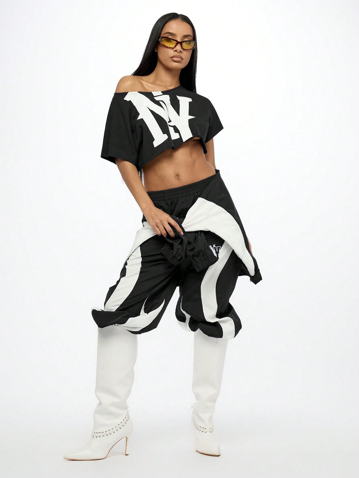 WOMEN Off Shoulder NY Logo Slouchy Crop Tee Athletic Varsity Sports Fan Streetwear Workout Fashion Athleisure Cropped T-Shirt Summer Urban Style