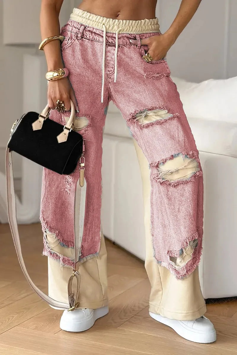 Women's Denim Trousers with Stitching and Ripped Design🌞👖
